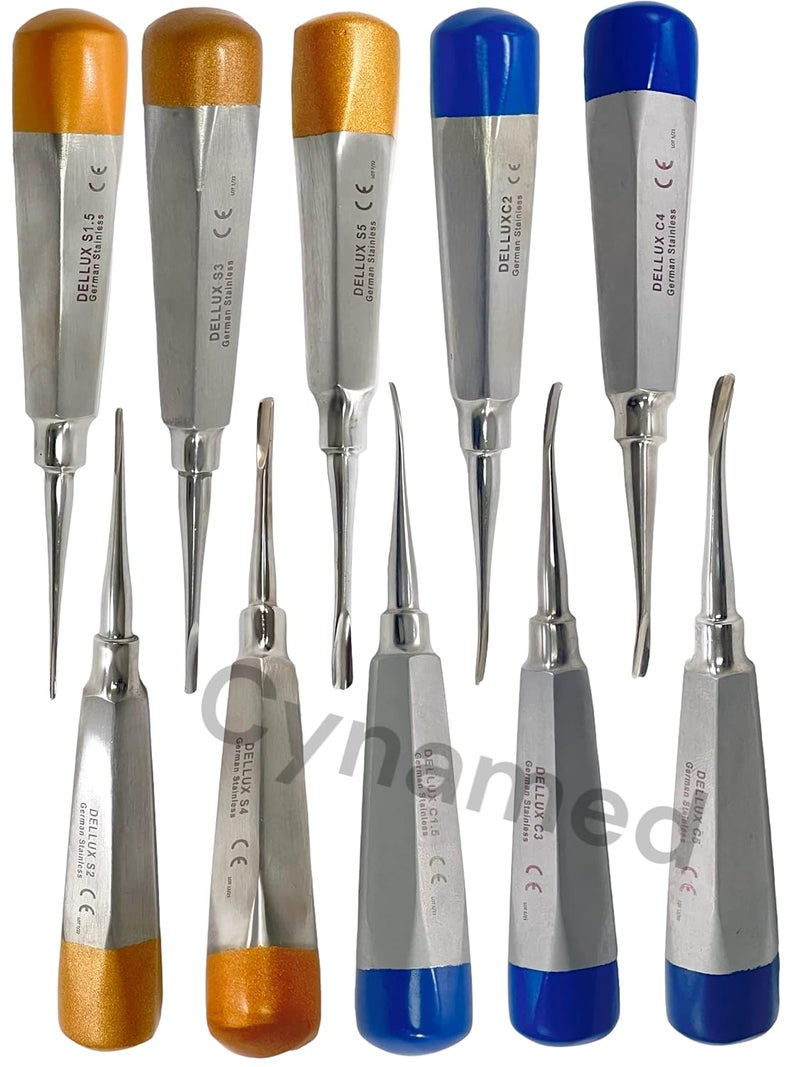 artlab -Premium Dental Elevators Etracting Extraction Osteotome Periotome Luxating Elevator Apical Spade Cryer Proximator Elevator Oral Implant, Root Extraction (Luxating Set of 10 Str+Cvd Gold Blue) - Image 2